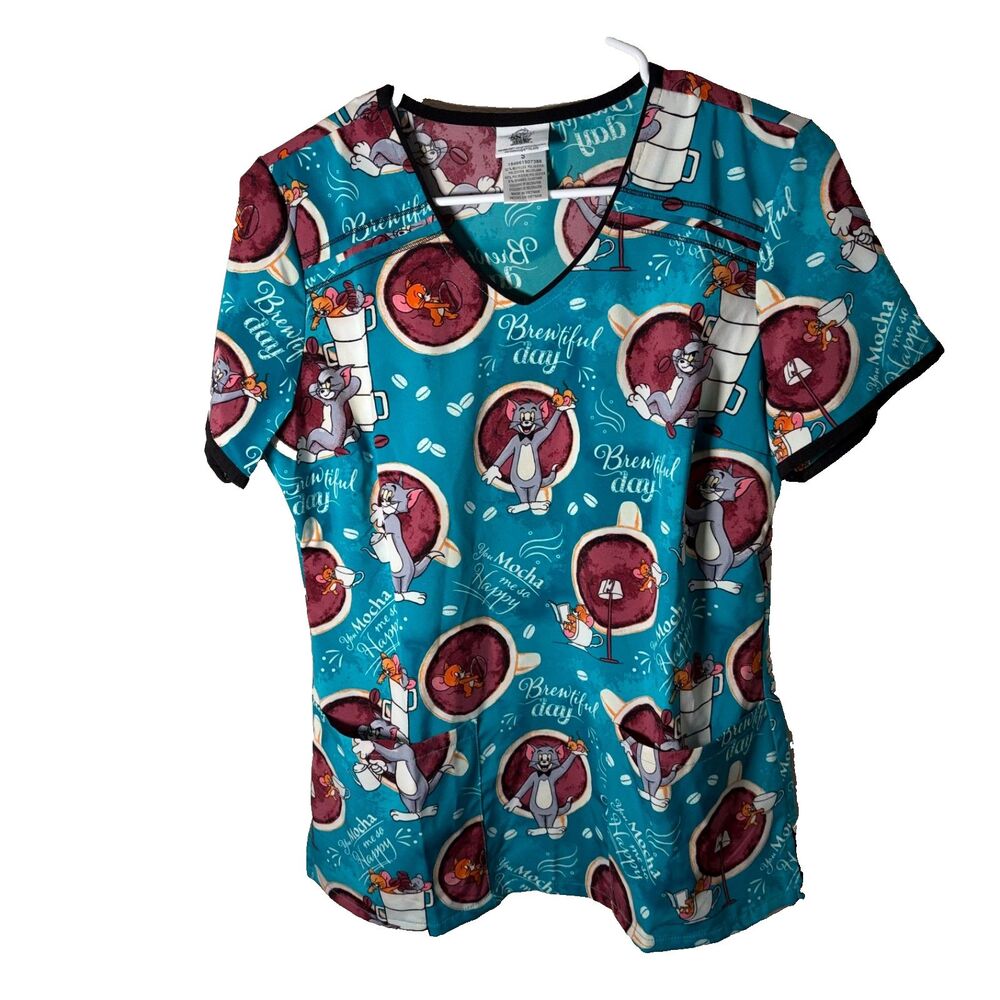 Tom & Jerry Scrub Top Women's Medium Printed T-Shirt V-Neck Coffee Cup